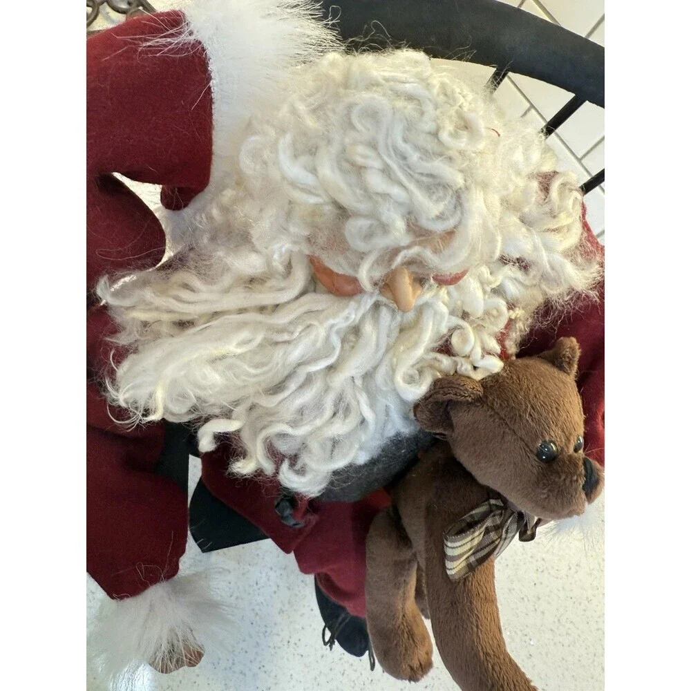 Santa Sitting In Wooden Chair Teddy Bear And Bag Decor Figurine 15